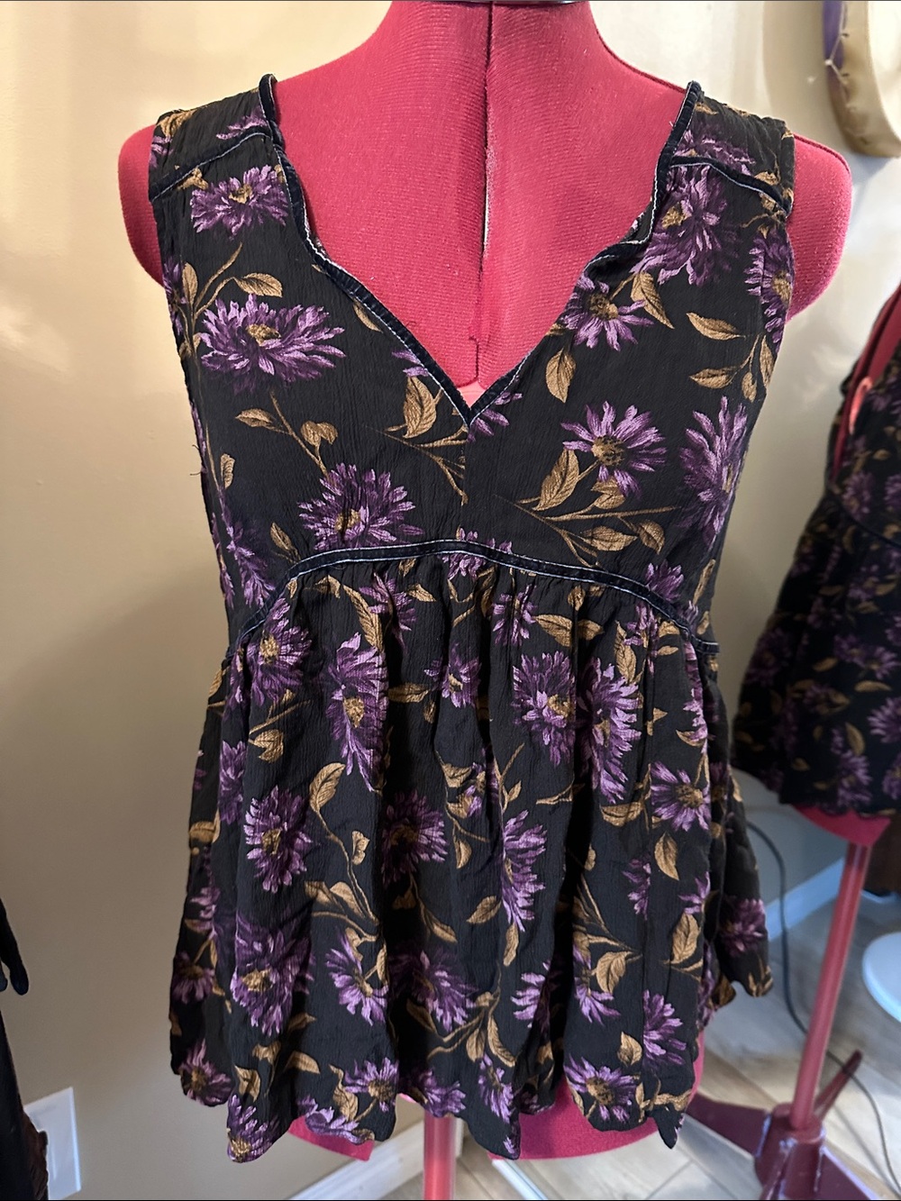 Black Floral V-Neck Babydoll Top with Purple Blooms